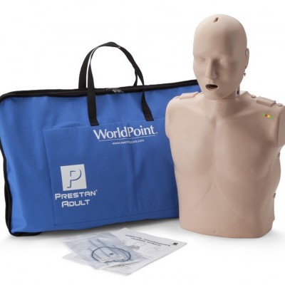 manequim torso humano bege com bolsa azul 'WorldPoint Prestan Adult' e manual