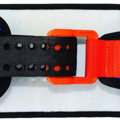 Cinto de suporte branco, azul, negro e vermelho com fivela laranja