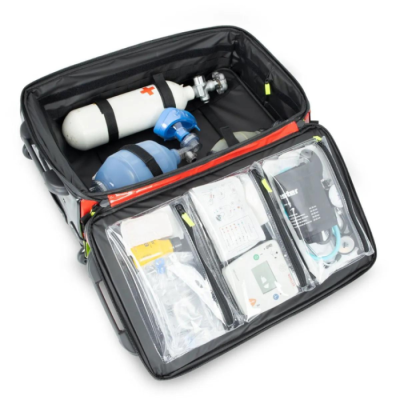 Mala preta para emergência médica com equipamento organizado