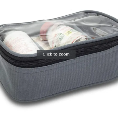 Estojo cinzento com tampa transparente e frascos dentro