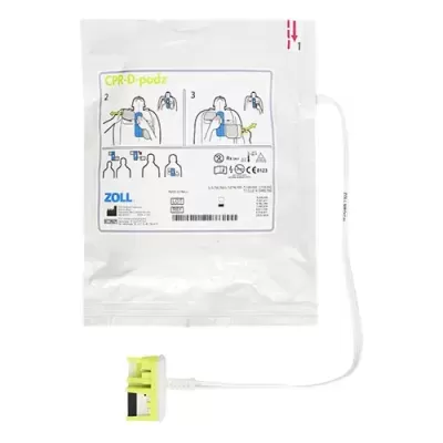 Pacote branco de CPR-D padZ ZOLL com ilustrações e cabo branco conectado a dispositivo amarelo