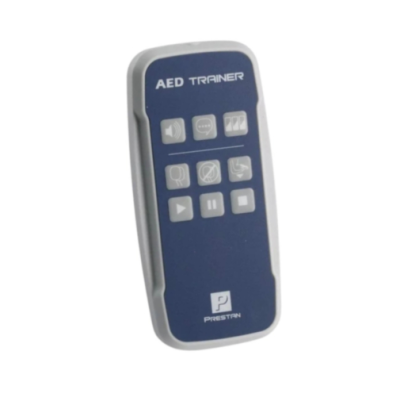 Comando remoto azul com botões e texto AED TRAINER