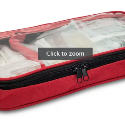 Estojo organizador vermelho com tampa transparente e fecho preto