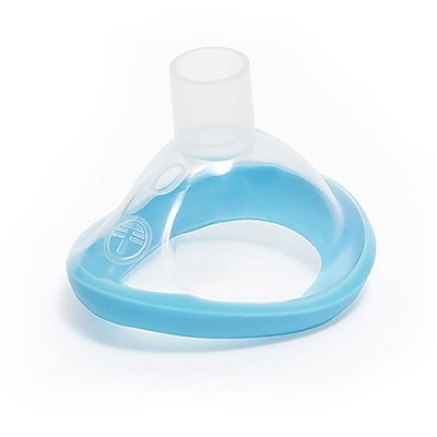 Máscara facial transparente com borda azul em silicone para suporte respiratório