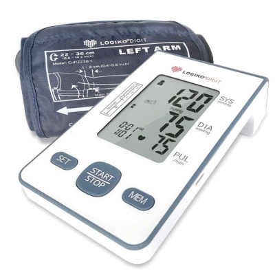 Medidor digital de pressão arterial com botão e manguito azul para braço esquerdo