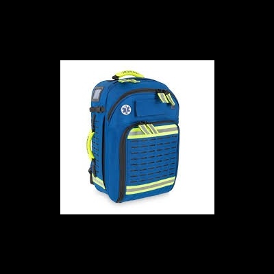 Mochila azul com detalhes amarelos fluorescentes e símbolo médico