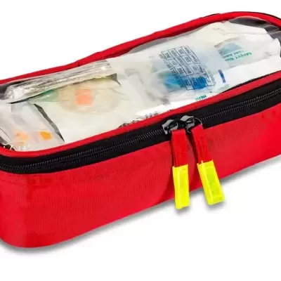 Estojo organizador vermelho com tampa transparente e zíper preto