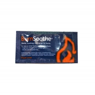 Sachê de gel para queimaduras BurnSoothe azul com chamas laranjas