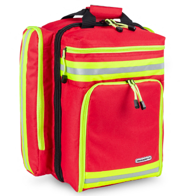 Mochila vermelha com faixas refletoras amarelas