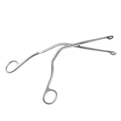 Pinça metálica prateada com cabo circular e orifício nas hastes