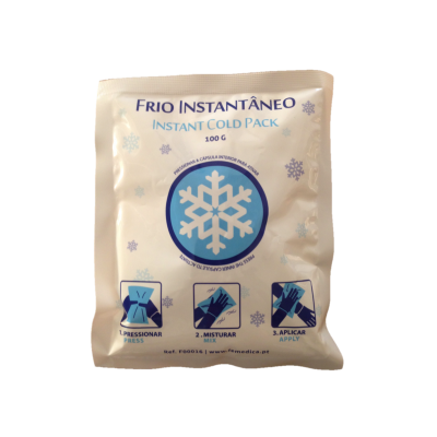 Painel frio instantâneo branco com instruções e ícones azuis