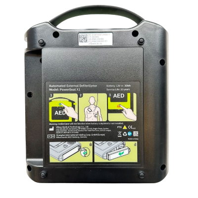 Desfibrilhador externo automatizado preto com instruções visuais