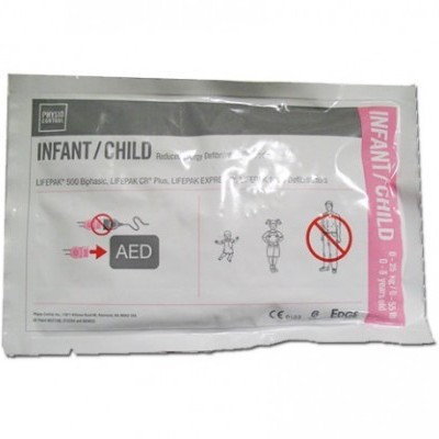 Pacote branco e cinza de eletrodos para desfibrilhador infantil com texto e instruções visuais.