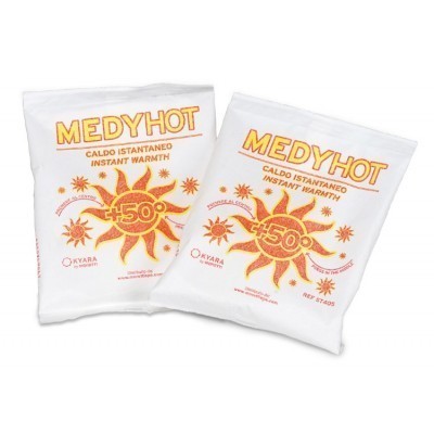 Pacotes brancos MEDYHOT com símbolo de sol e texto calor instantâneo