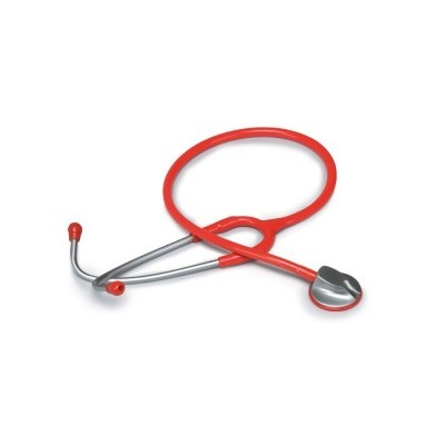 Estetoscópio vermelho e prateado sobre fundo branco
