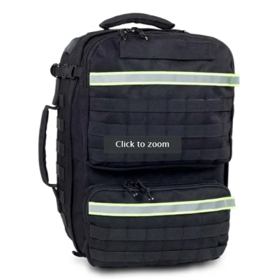 Mochila tática preta com faixas refletoras amarelas e múltiplos bolsos