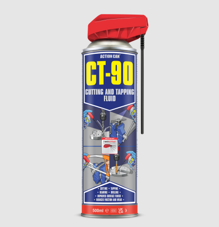 ACTION CAN CT90 - ÓLEO PARA CORTE E MANDRILAGEM (500ML E 480G) Frasco metálico com fluido de corte CT-90 e tampa vermelha