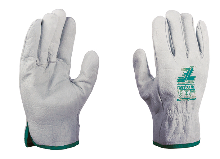 LUVA TIPO CHEFE BRANCA EM PELE DE VACA (PAR) Par de luvas de trabalho de couro branco com punhos verdes e texto verde na parte de trás.
