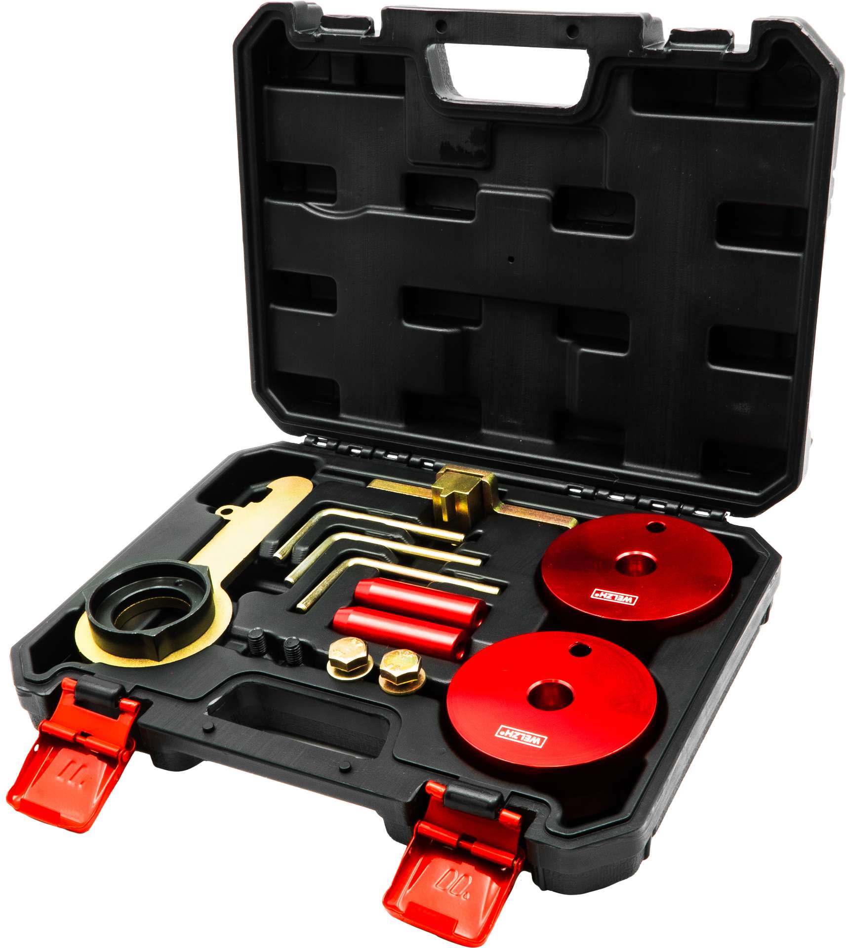 KIT BLOQUEIO FORD 2.0 ECOBLUE TDCI Estojo aberto com conjunto de ferramentas e peças metálicas vermelhas e douradas