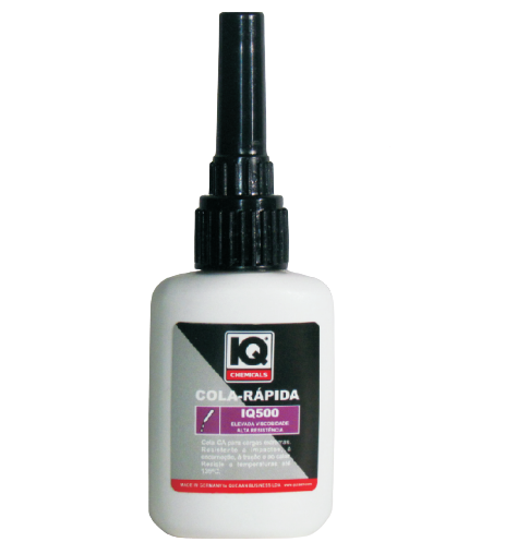 COLA RÁPIDA CIANOACRILATO 20GR IQ CHEMICALS Frasco branco de cola rápida IQ Chemicals com tampa preta e rótulo preto, roxo e vermelho.