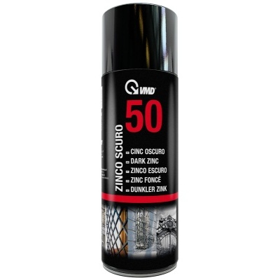 Frasco preto de spray para zinco escuro com texto e imagem metálica no rótulo