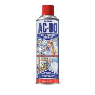 Frasco spray lubrificante AC-90 com tampa vermelha e rótulo azul