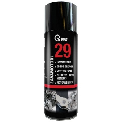 Frasco de spray preto para limpeza de motores com texto branco e vermelho