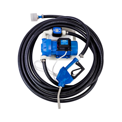 Bomba elétrica azul com mangueira preta e pistola de combustível azul
