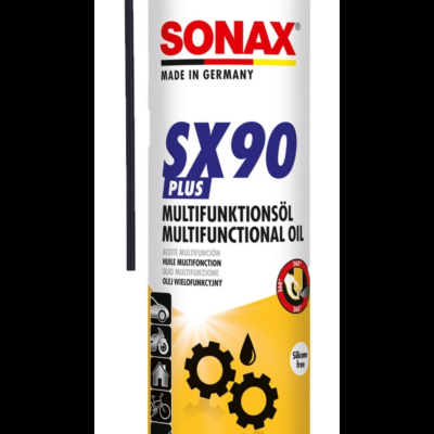 Lata metálica de óleo multifuncional SONAX SX90 PLUS com tampa vermelha e rótulo colorido.