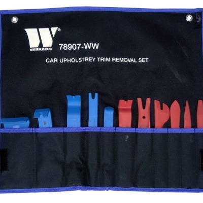 Conjunto de ferramentas para remoção de estofos de carro em estojo preto e azul