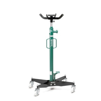 Elevador de motor metálico verde e preto com rodas e suportes ajustáveis