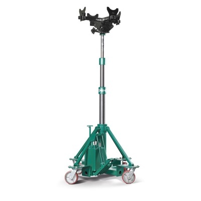 Tripé mecânico ajustável verde com suporte preto e rodas brancas