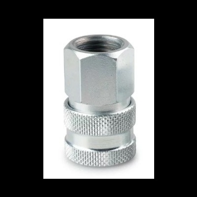 Peça metálica prateada com porca hexagonal e textura estriada