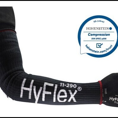 Manga compressiva preta com textos HyFlex e selo azul de qualidade