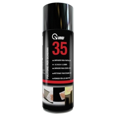 Spray para limpeza de ecrãs VMD 35 em frasco cilíndrico preto e vermelho