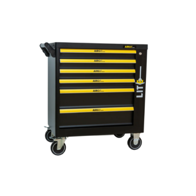 Carrinho de oficina preto com detalhes amarelos e rodas