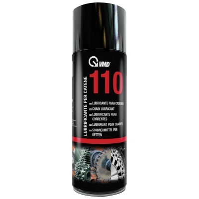 Spray lubrificante para corrente VMD 110 com rótulo preto, vermelho e branco