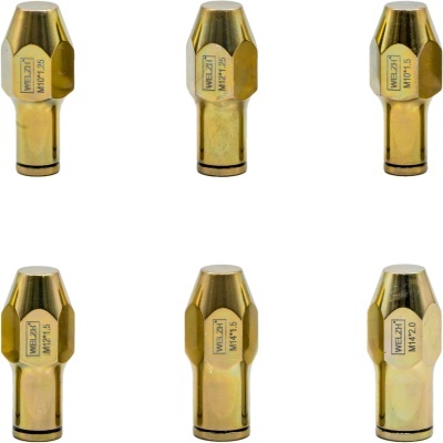 Seis adaptadores metálicos dourados rotulados com medidas várias e marca WELZH®