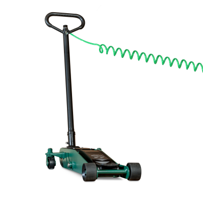 Macaco hidráulico de carro verde e preto com alavanca longa e mola verde