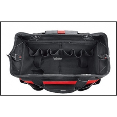 Bolsa de ferramentas preta com divisórias internas e detalhes vermelhos