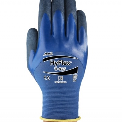 Luvas de trabalho Ansell HyFlex azuis com texto e certificações