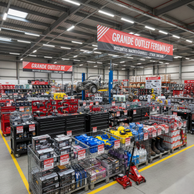 Interior de um armazém grande com ferramentas, equipamentos de proteção e sinalização de outlet de ferragens