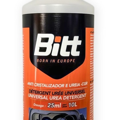 Frasco plástico de detergente universal para uréia Bitt com etiqueta preta e laranja.