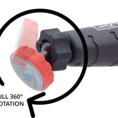 Ferramenta preta com ponta giratória vermelha e branca e texto Full 360° Rotation