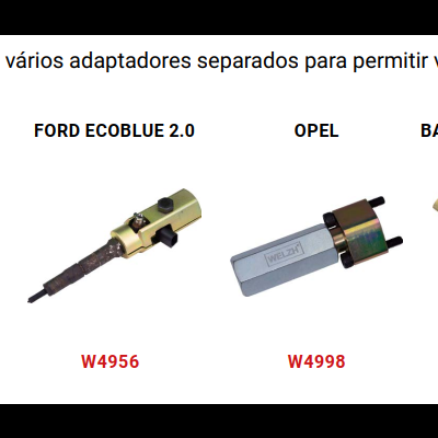 Adaptadores de veículos diversos para versatilidade com códigos e marcas visíveis.