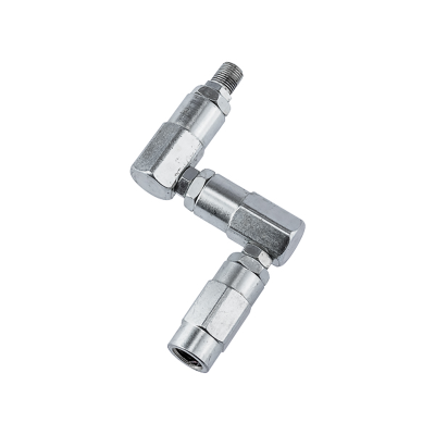 Conjunto de acessórios metálicos prateados com roscas e forma hexagonal