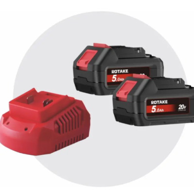Conjunto de dois acumuladores ROTAKE 5.0Ah 20V e um carregador vermelho