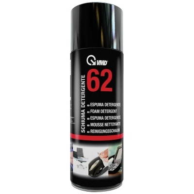 Spray de espuma detergente numa embalagem preta com texto em vermelho e branco