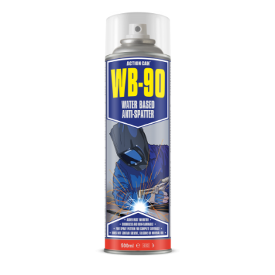 Lata de spray azul e branca com rótulo WB-90 e imagem de trabalhador soldando