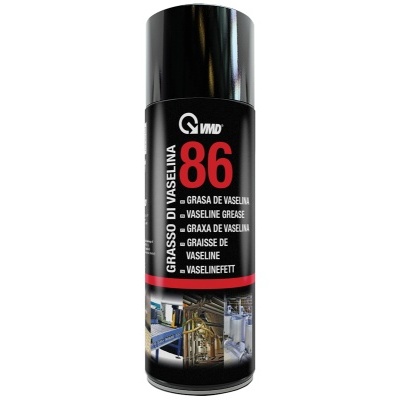 Lata de spray preto de graxa de vaselina com rótulo em várias línguas e imagens industriais